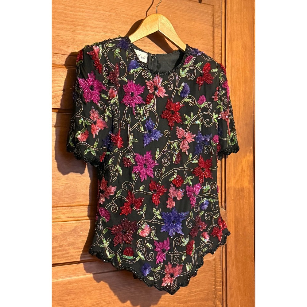 Laurence Kazar New York Silk Beaded Floral Sequin Blouse Vintage Black Small